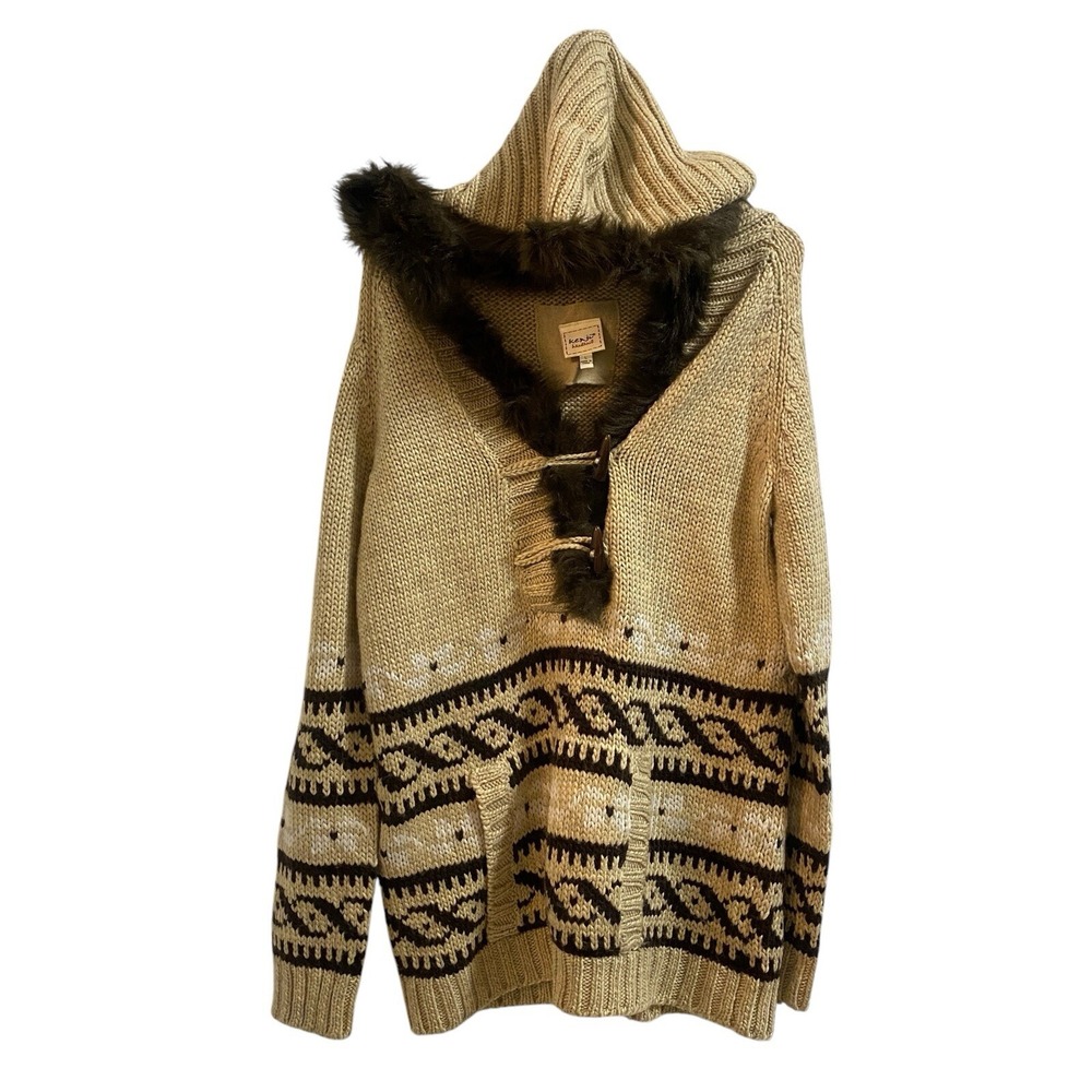 Kenji‎ Handknit Wool Blend Hooded Fur Sweater Women's Large Open Cable Knit
